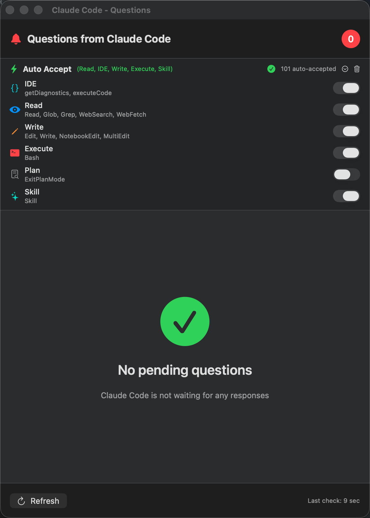 CC Gate auto-accept window showing six permission level toggles