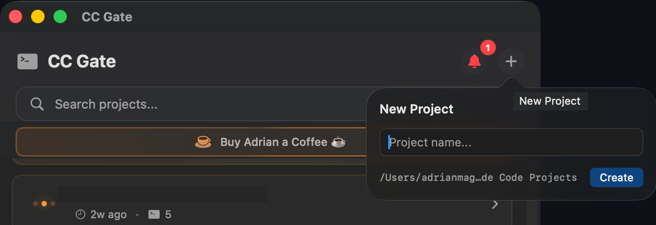 CC Gate popup showing the New Project dialog with a name input and Create button