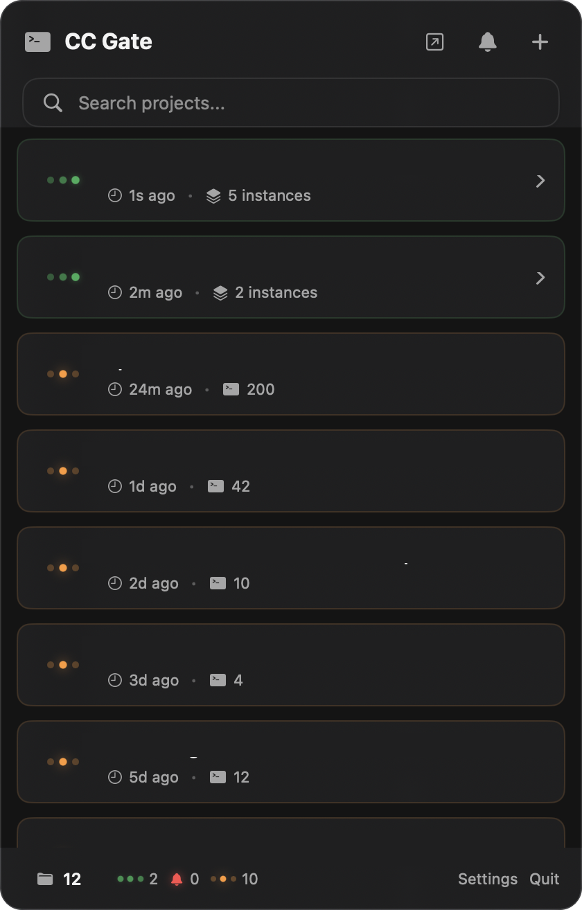 CC Gate popup showing a list of projects with colored status dots