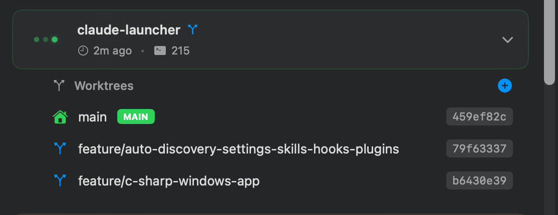 CC Gate popup showing a project expanded with a list of git worktrees