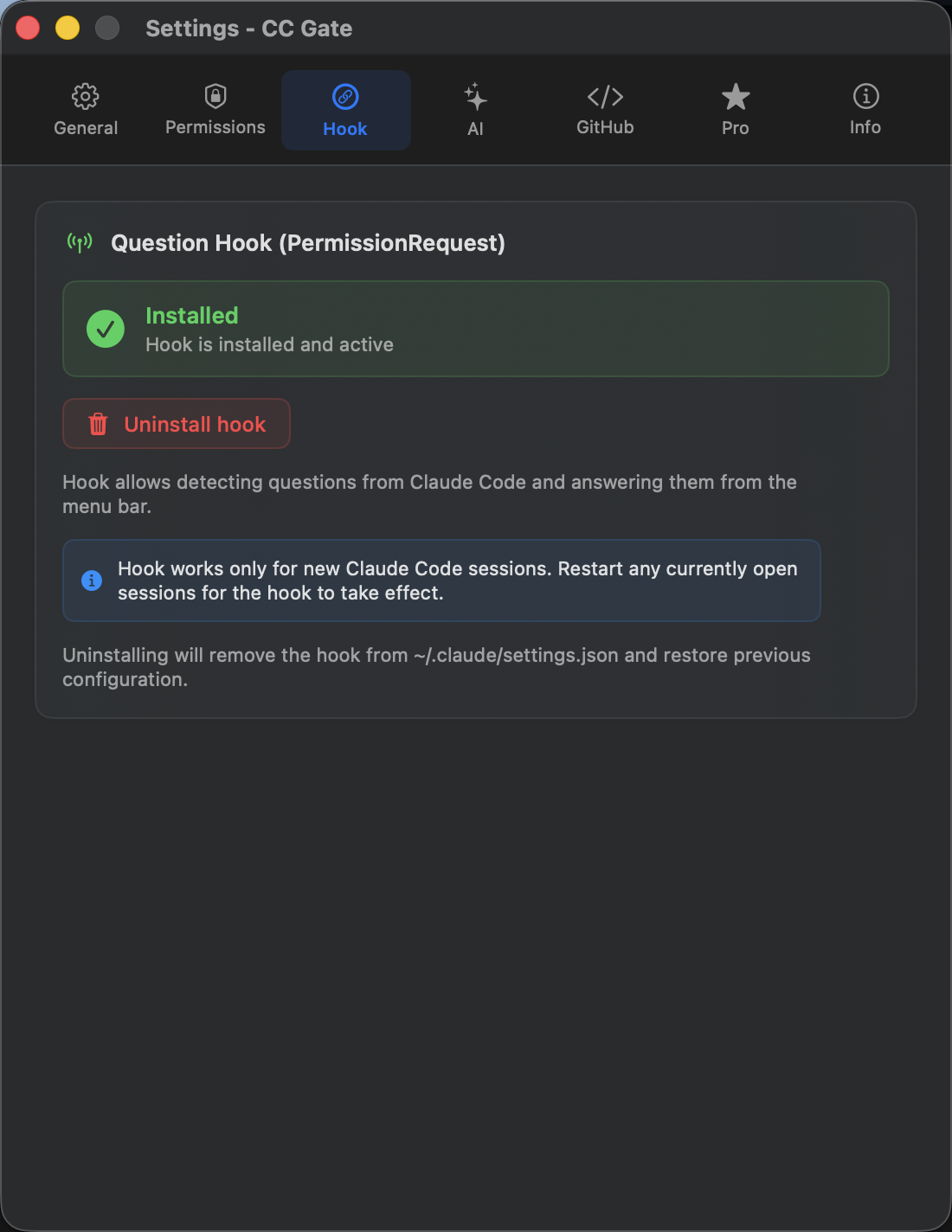 CC Gate Hook settings tab
