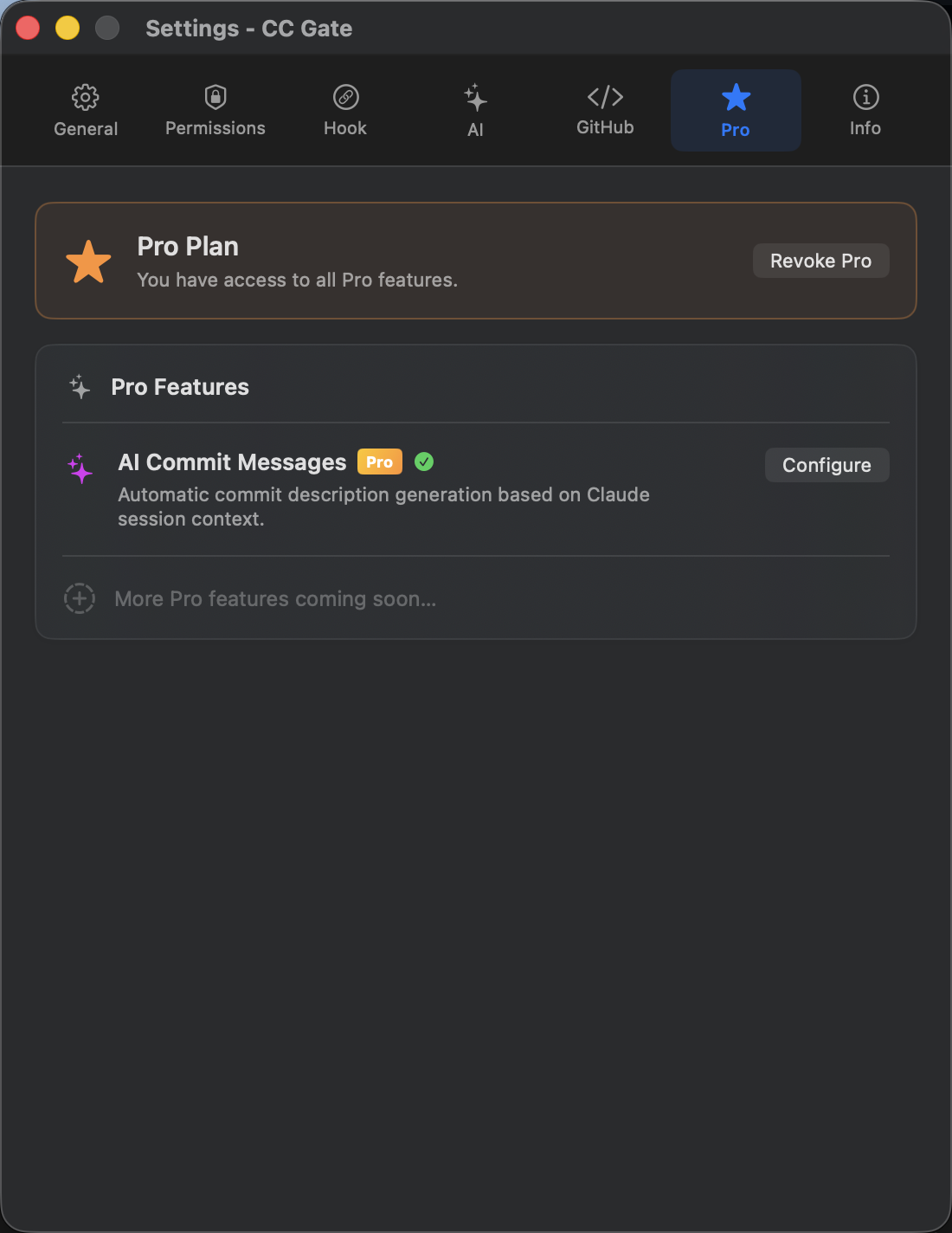 CC Gate Pro settings tab