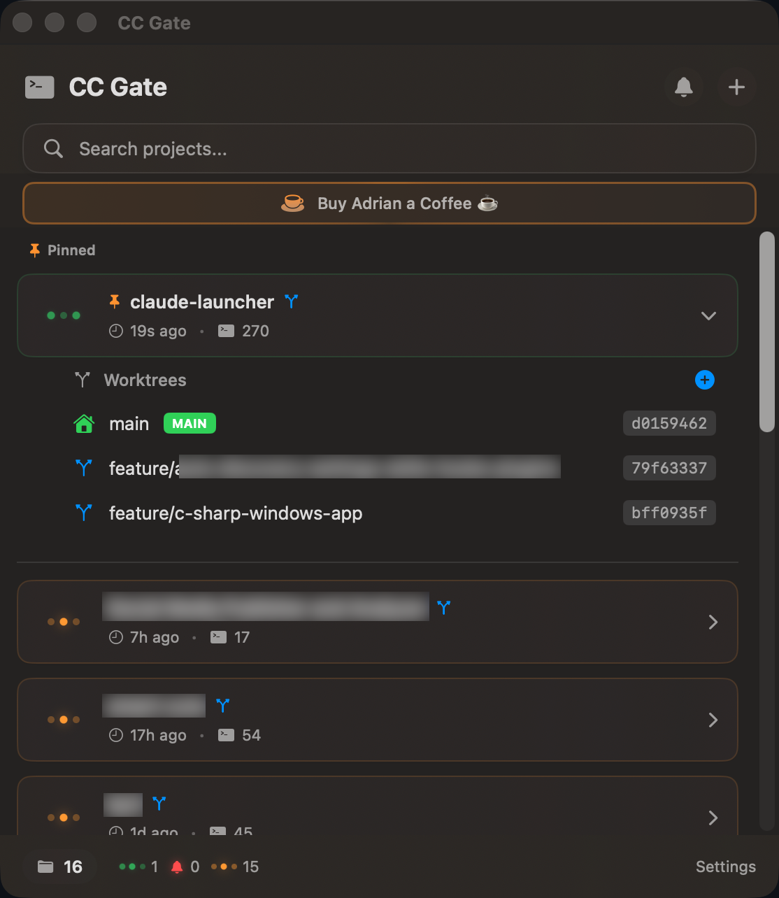 CC Gate menu bar popup showing project list with live session status and Git worktrees